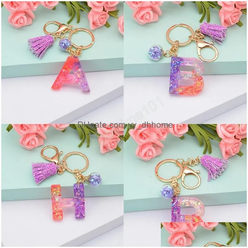 gradient color english letters keychains with tassel glitter sequins keyring exquisite bag hanging pendant jewelry keyring gifts
