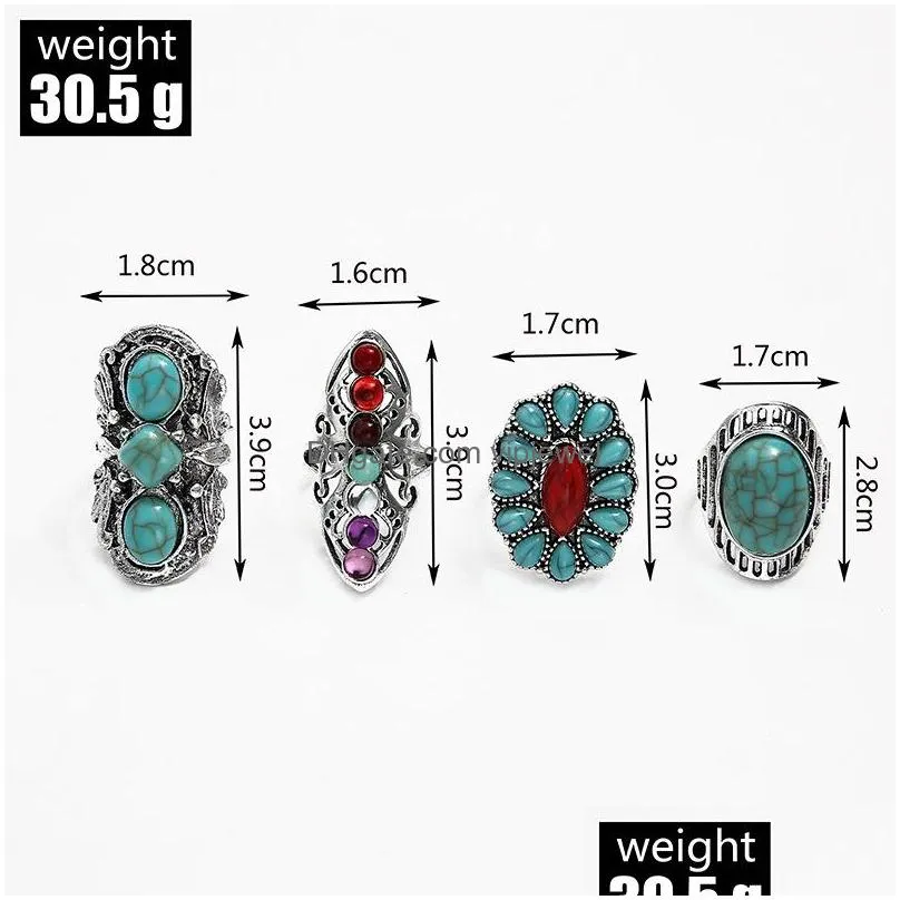 fashion jewelry ethnic style ring retro turquoise carved hollowed flower rings set 4pcs/set