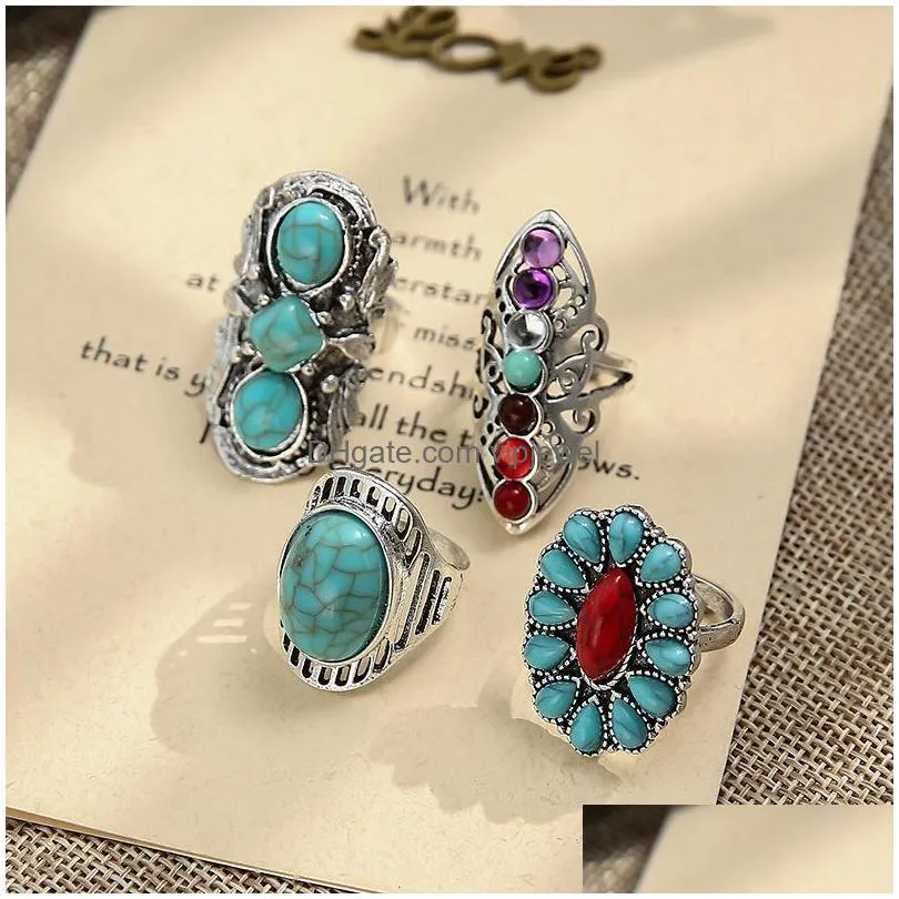 fashion jewelry ethnic style ring retro turquoise carved hollowed flower rings set 4pcs/set