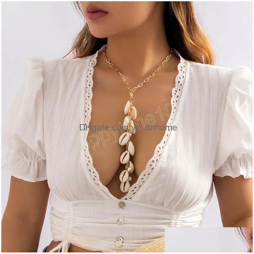 bohemian summer beach natural shell long chain necklace for women conch seashell simple tassel necklace fashion jewelry