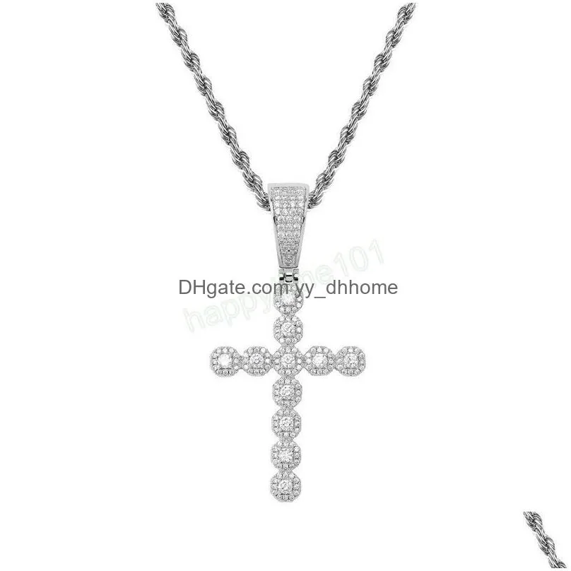 luxury bling zircon cross necklaces fashion 18k gold rhodium plated copper cross jesus christ men women hip hop necklaces