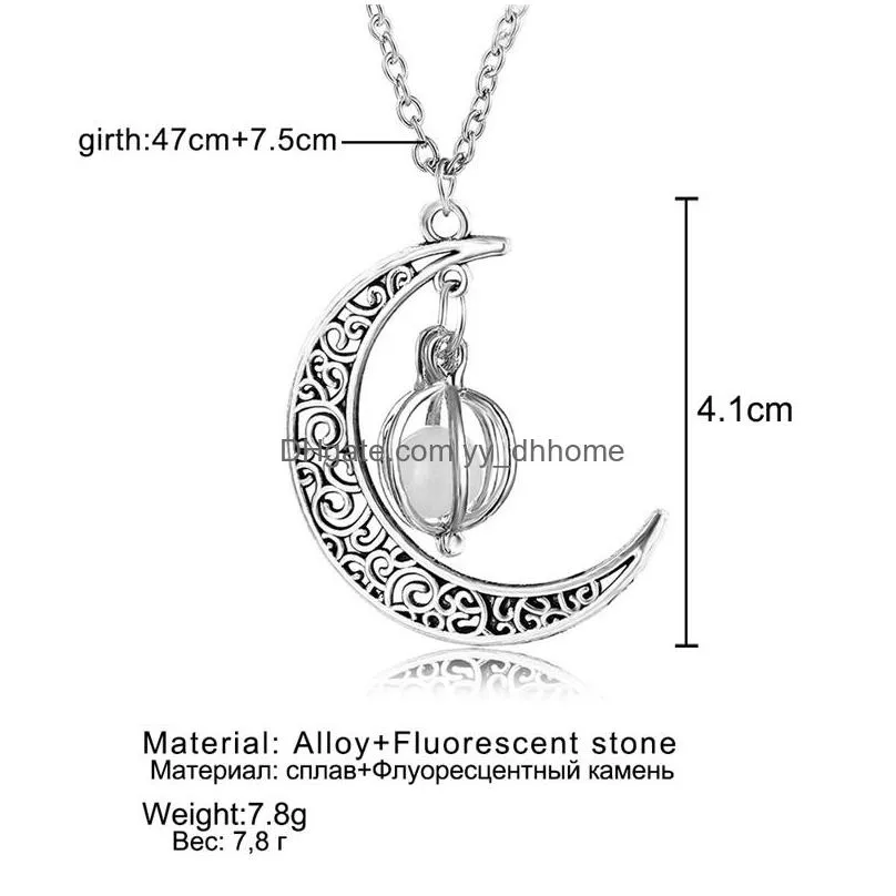 moon glowing necklace gem charm jewelry silver plated women 4 colors stone beads pendant hollow luminous necklace gifts
