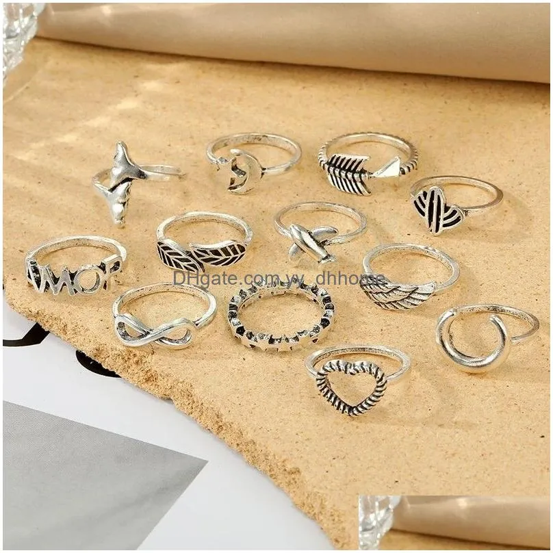 moon tail wing ring vintage woman men fashion heart leaf rings set arrow infinite loop jewelry gift