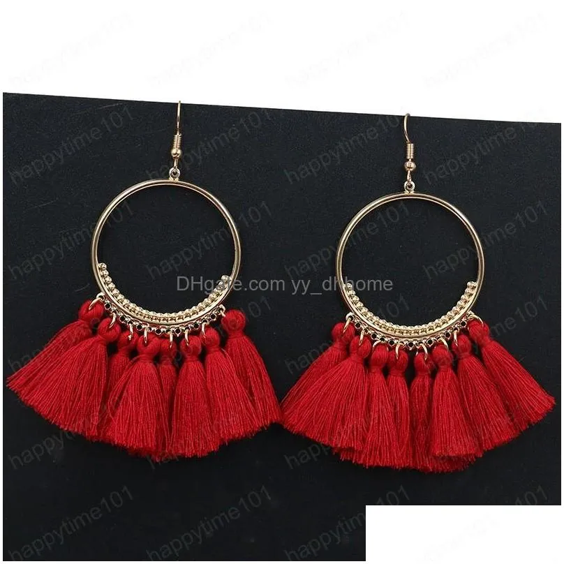 boho colorful polyester string tassel earrings big circle drop dangle gold earrings for women accessories fashion fringe jewelry