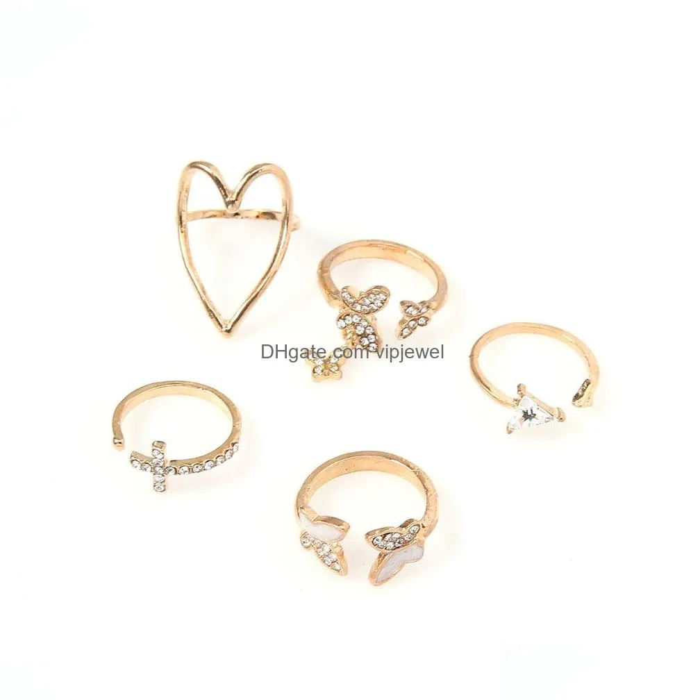 fashion jewelry cross triangle love hollow butterfly ring set 5pcs/set knuckle rings