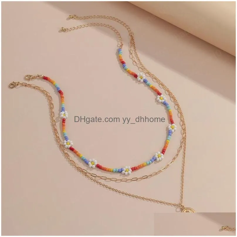 ellipse portrait pendant necklaces women flower contrast color beaded chains multi layer alloy hollow collarbone neck jewelry accessories