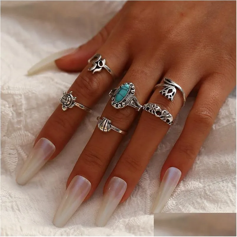 fashion jewelry knuckle ring set geometric animal turtle elephant crown turquoise stacking rings set 6pcs/set