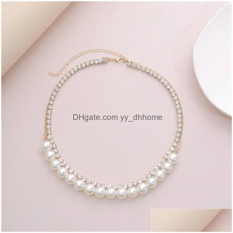 women double layer pearl necklace punk beaded chain diamond chokers necklaces girls party alloy gold jewelry wholesale