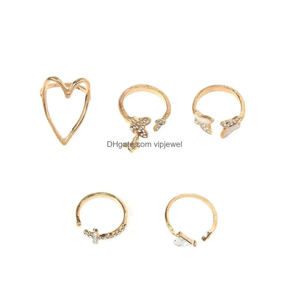 fashion jewelry cross triangle love hollow butterfly ring set 5pcs/set knuckle rings