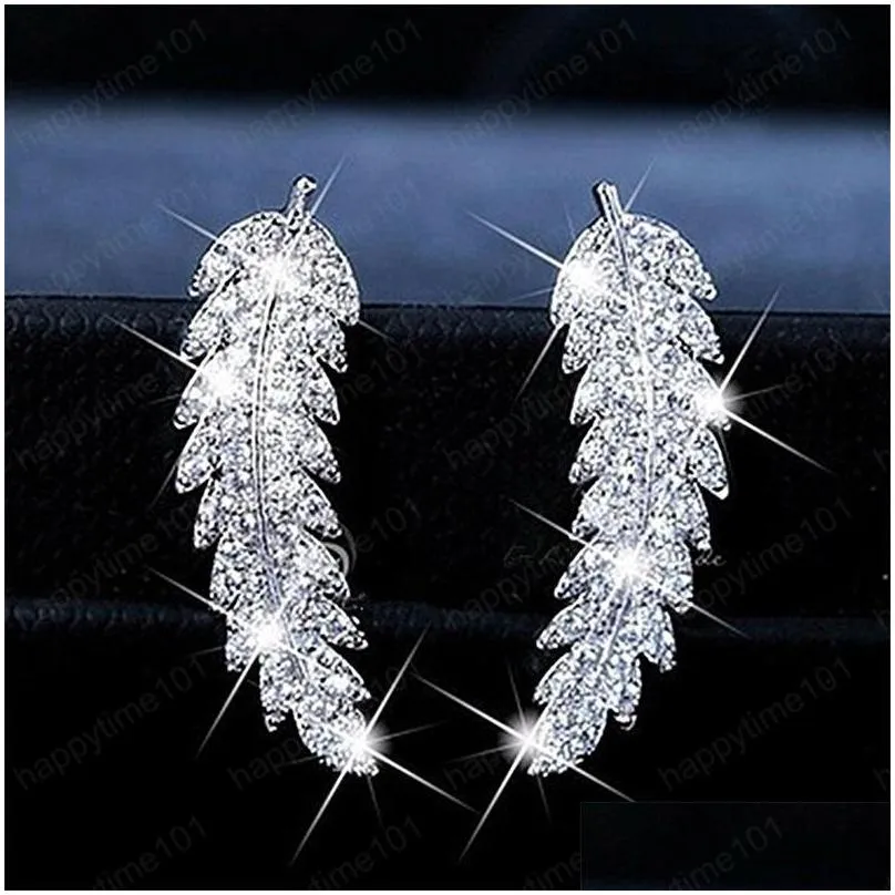 trend leaf design women stud dangle earring 925 sterling silver clear rhinestone cz crystal ear jewelry