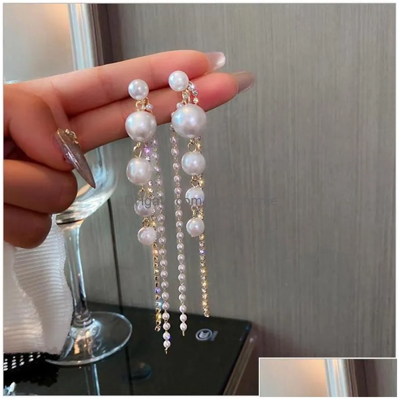 trendy elegant created big simulated pearl long earrings pearls string statement drop earrings for women wedding party gift