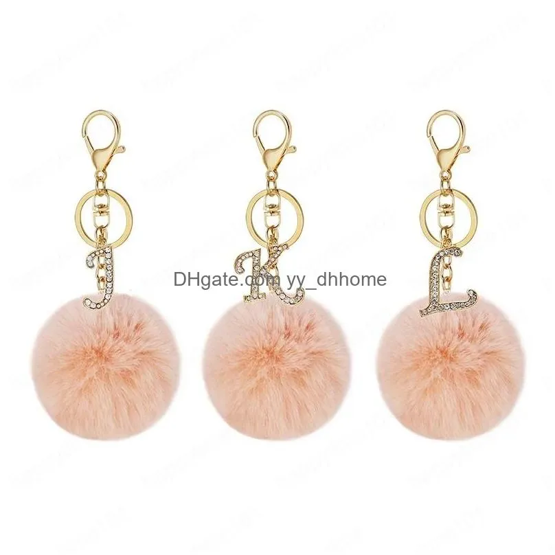 fashion key ring pink pompom plush keyring letter diamond keychain 26 english word a to z handbag woman bag pendant