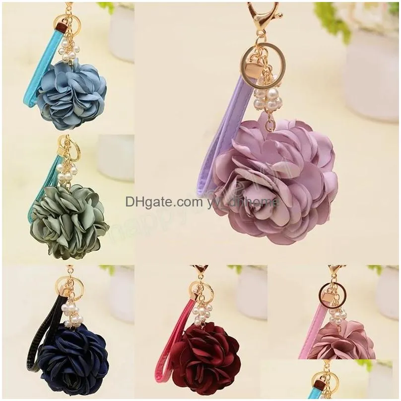 rose flower keychain for women romantic bag pendant charms pearl tassel key ring holder female jewelry gifts