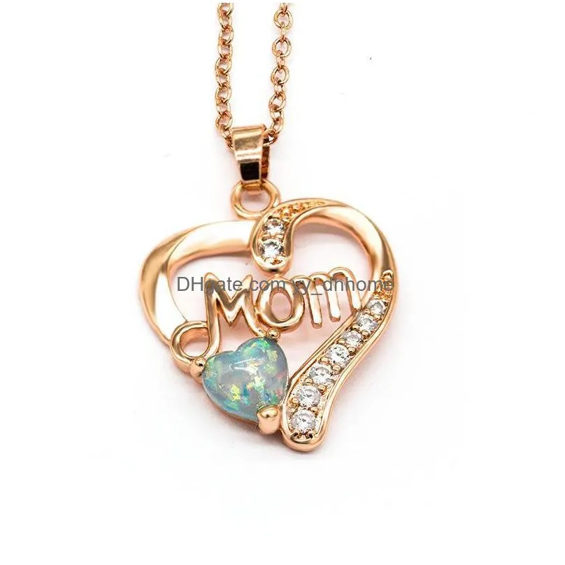  selling silver gold plated mom necklace womens opal gemstone love heart pendant necklace jewelry mothers day gifts 45cm