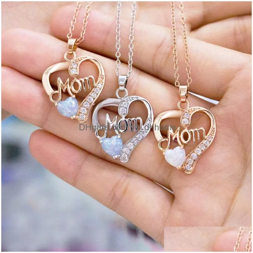  selling silver gold plated mom necklace womens opal gemstone love heart pendant necklace jewelry mothers day gifts 45cm