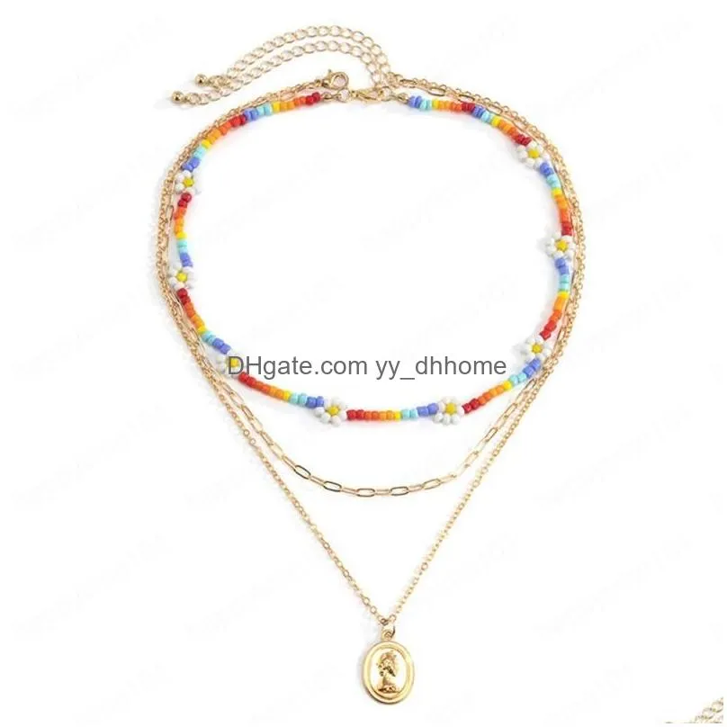 ellipse portrait pendant necklaces women flower contrast color beaded chains multi layer alloy hollow collarbone neck jewelry accessories