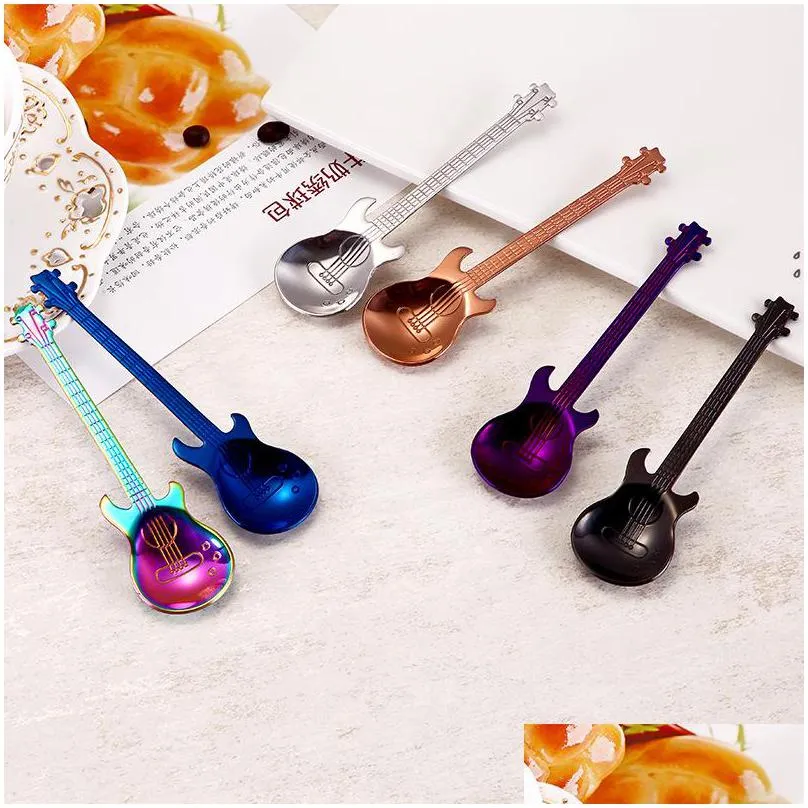 guitar shape spoons dessert snack originality stainless steel kitchen accessories coffee music stir spoon gold silvers plated 3 9nr m2