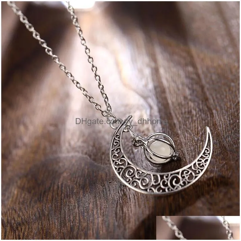 moon glowing necklace gem charm jewelry silver plated women 4 colors stone beads pendant hollow luminous necklace gifts