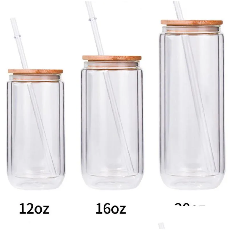sublimation blanks glass tumblers 16oz double wall snow globe beer tea mugs frosted drinking bottle with bamboo lid and reusable straw 6083