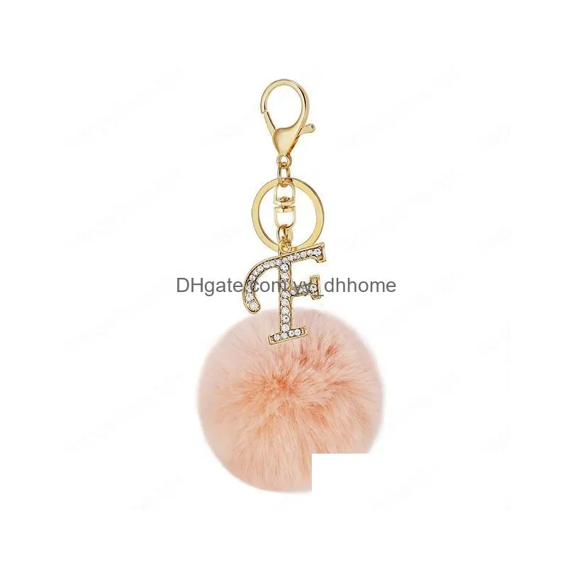 fashion key ring pink pompom plush keyring letter diamond keychain 26 english word a to z handbag woman bag pendant