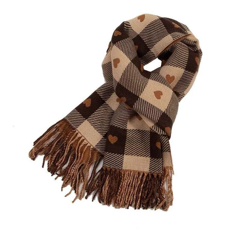 winter womens plaid scarf heart tassels soft knitted double facework color neck warm scaves