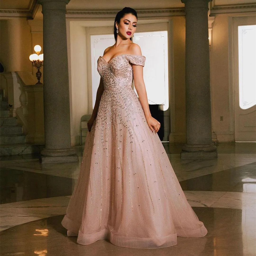 Pink Luxury New Arrival Evening Dresses V Neck Off Shoulder Sleeveless Lace Floor Length Beaded Diamonds Sequins Appliques Prom Dress Formal Plus Size Tailored