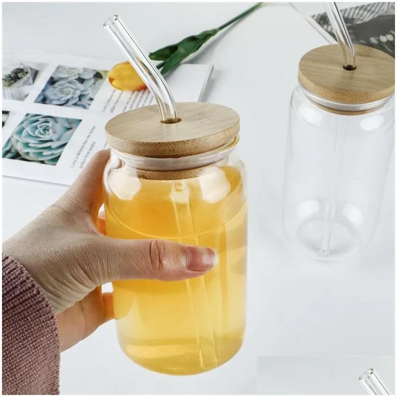 sublimation 16oz glass can with bamboo lid reusable straw beer can transparent frosted glass tumbler soda can cup 608 d3