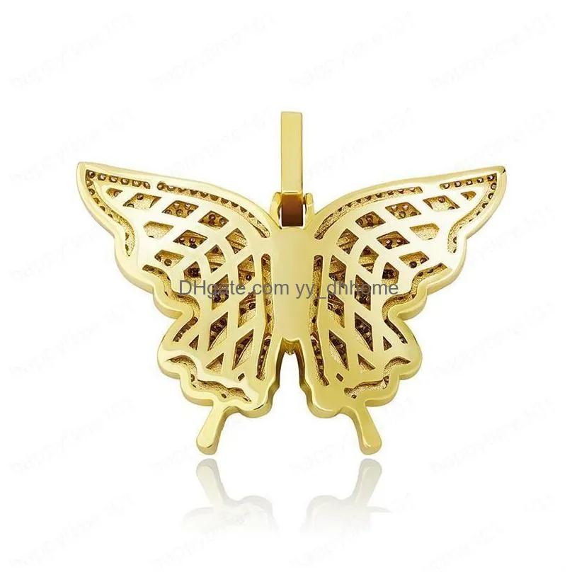 hig quality gold plated ice out cz butterfly pendant necklace with rope chain for men women hiphop jewelry