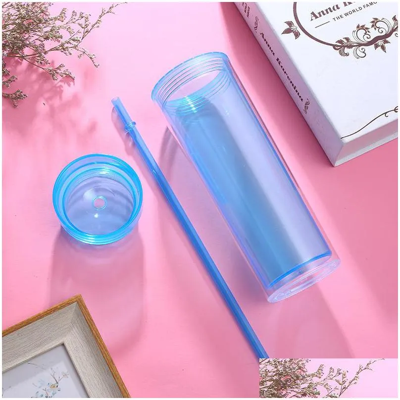 16oz acrylic tumbler multi color clear plastic cups with lids and straws double wall straight water bottle 227 j2