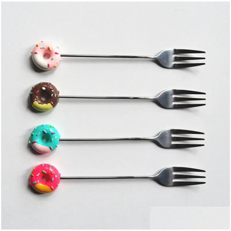 cute  tea coffee spoon donut stainless steel soup scoop fruit fork with resin head kids 3sl e1