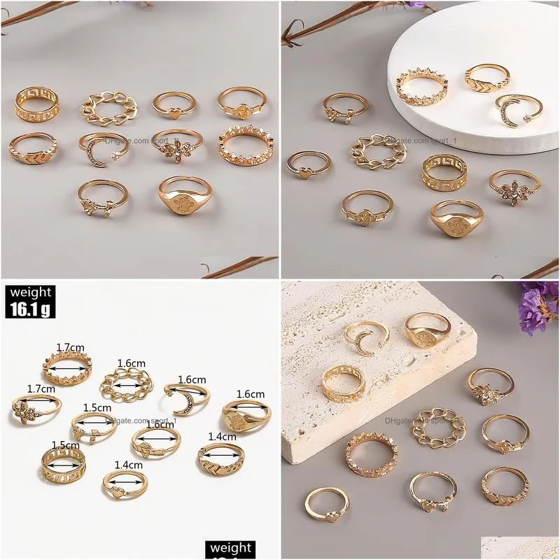 fashion jewelry knuckle ring set chain geometric flower moon heart crown stacking rings 10pcs/set