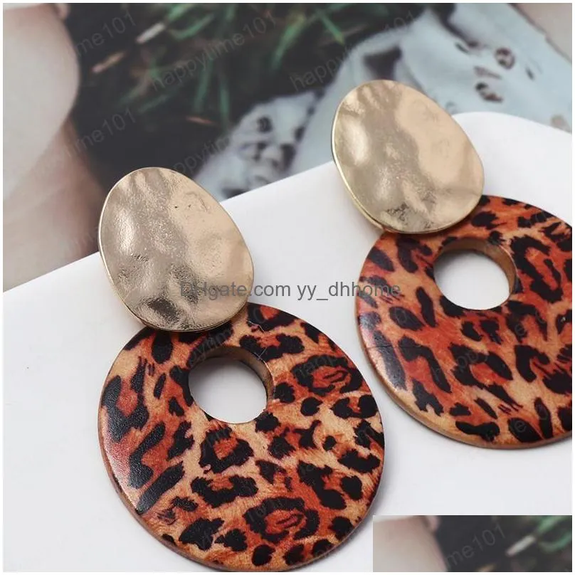  leopard print geometric round wood stud earring for women wholesale fashion pretty sepcial design earring jewelry