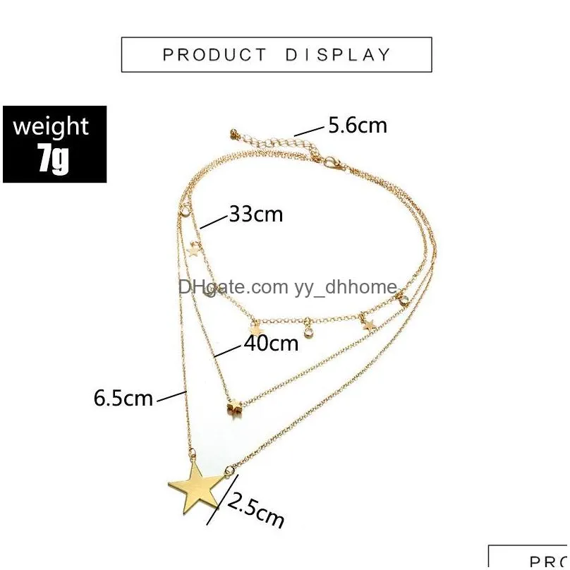 fashion simple rhinestone pentagram star pendant multilayer necklace all match pendant necklaces for womens gold plated 