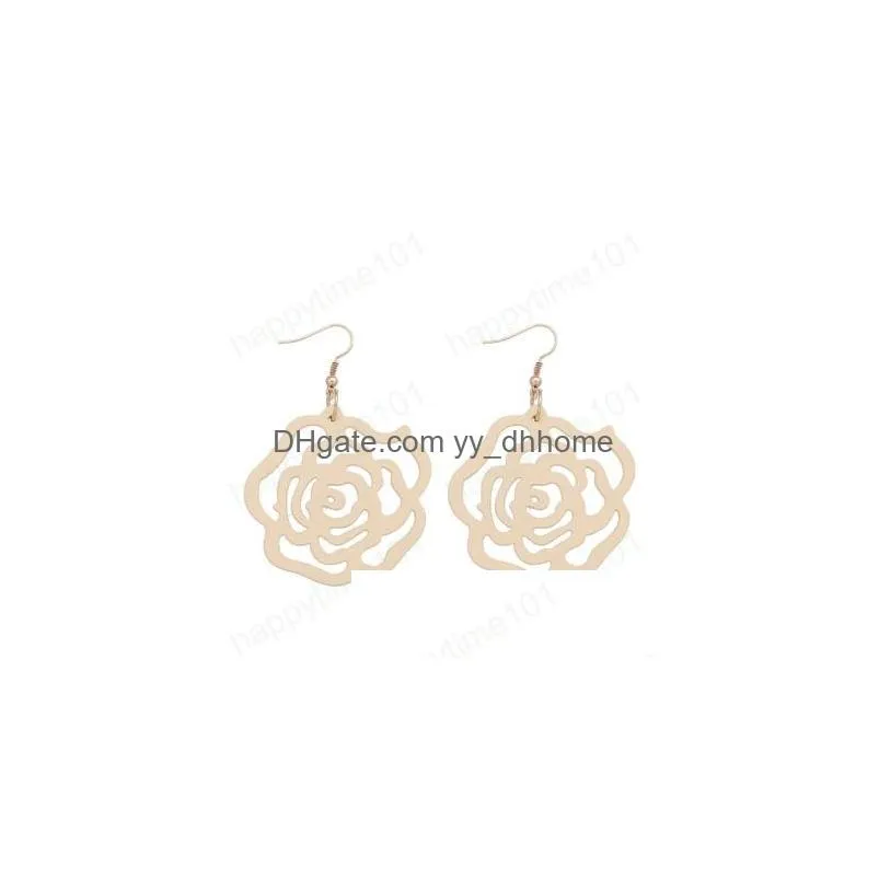 design rose wood drop earrings boho flower dangle earring for women lady girls fashion statement jewelry christmas gift
