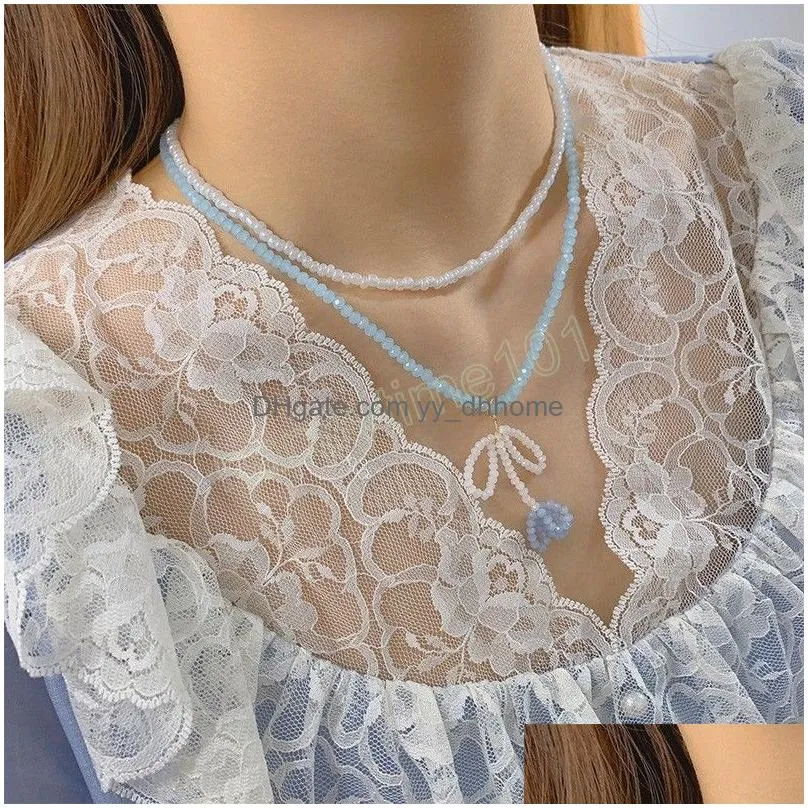 fashion double layers handmade crystal beads bowknot flower pendant necklace women party jewelry