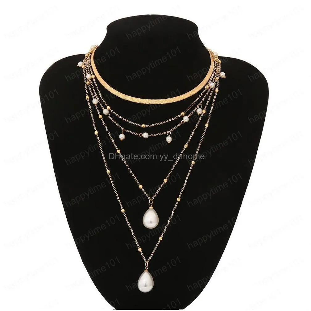 bohemian layered necklace imitation pearl pendant necklace gold color chain choker necklace for women fashion jewelry gift