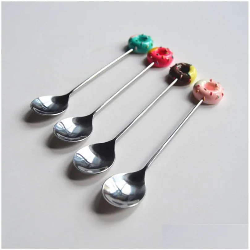 cute  tea coffee spoon donut stainless steel soup scoop fruit fork with resin head kids 3sl e1