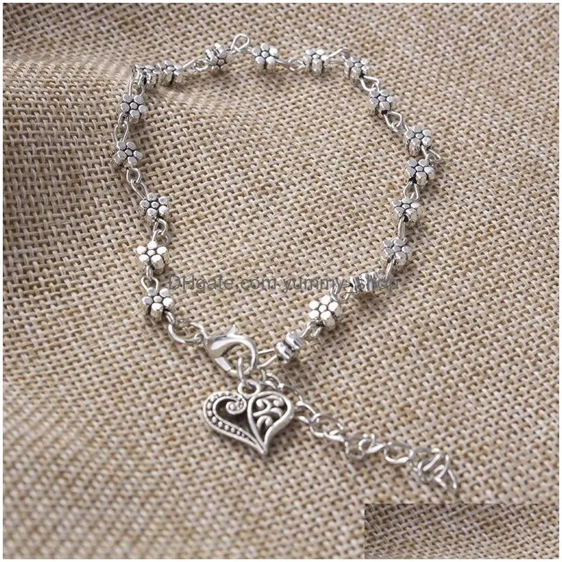 fashion jewelry vintage silver color hollowed plum flower heart anklet flower beaded chain ankle bracelet