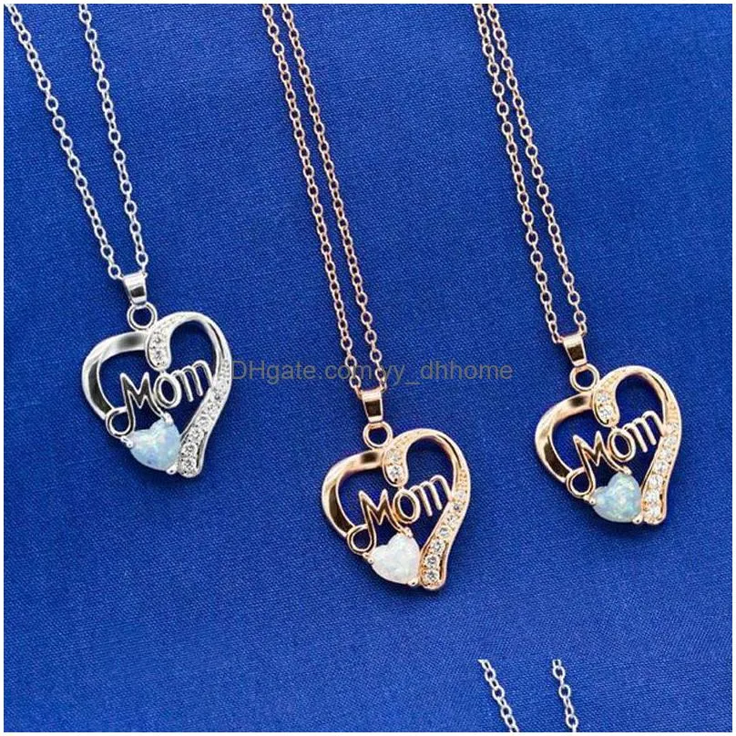  selling silver gold plated mom necklace womens opal gemstone love heart pendant necklace jewelry mothers day gifts 45cm