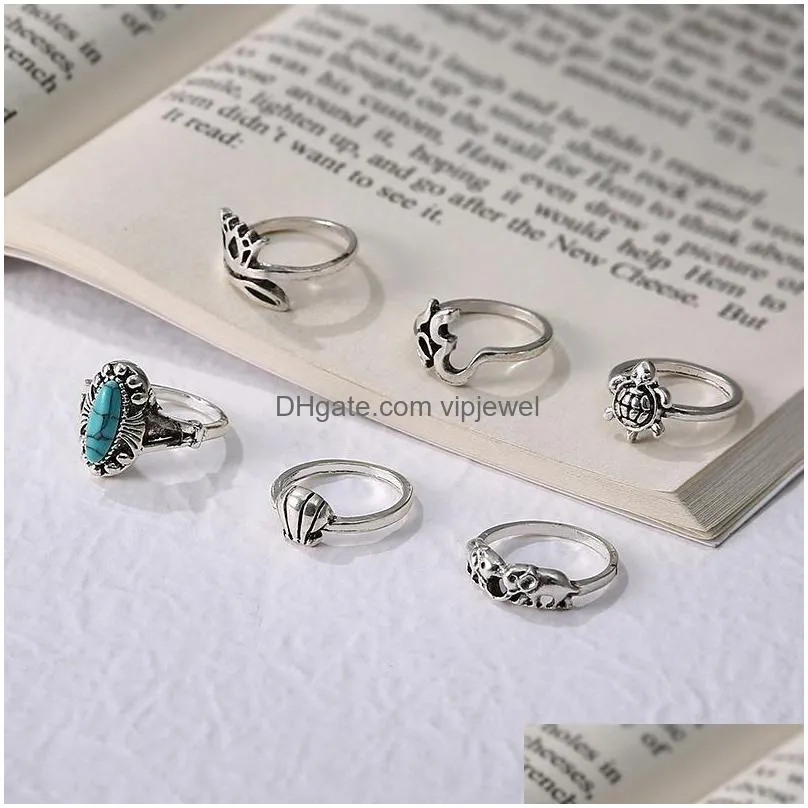 fashion jewelry knuckle ring set geometric animal turtle elephant crown turquoise stacking rings set 6pcs/set