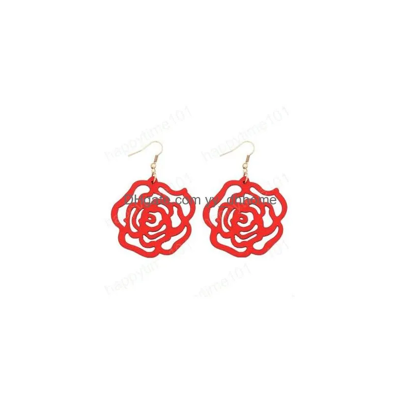 design rose wood drop earrings boho flower dangle earring for women lady girls fashion statement jewelry christmas gift