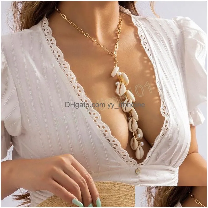 bohemian summer beach natural shell long chain necklace for women conch seashell simple tassel necklace fashion jewelry