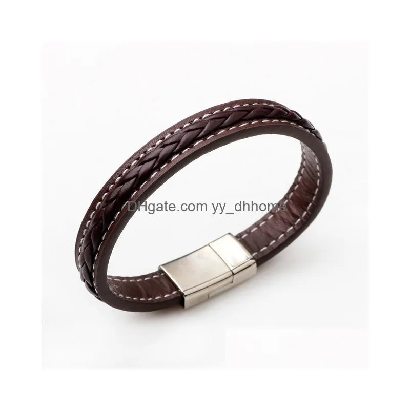 2020 men jewelry punk black braided geunine leather bracelet magnetic buckle fashion bangles