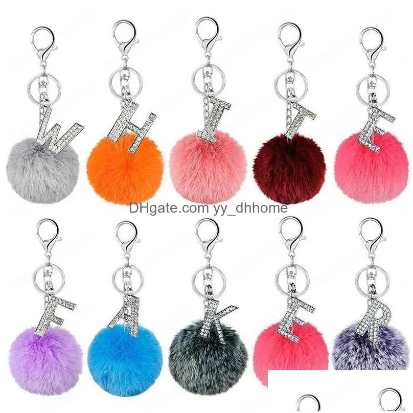 az alphabet keychains fashion artificial rabbit fur ball letter keyring bag charm pendant soft and plush pompom keyfob jewelry
