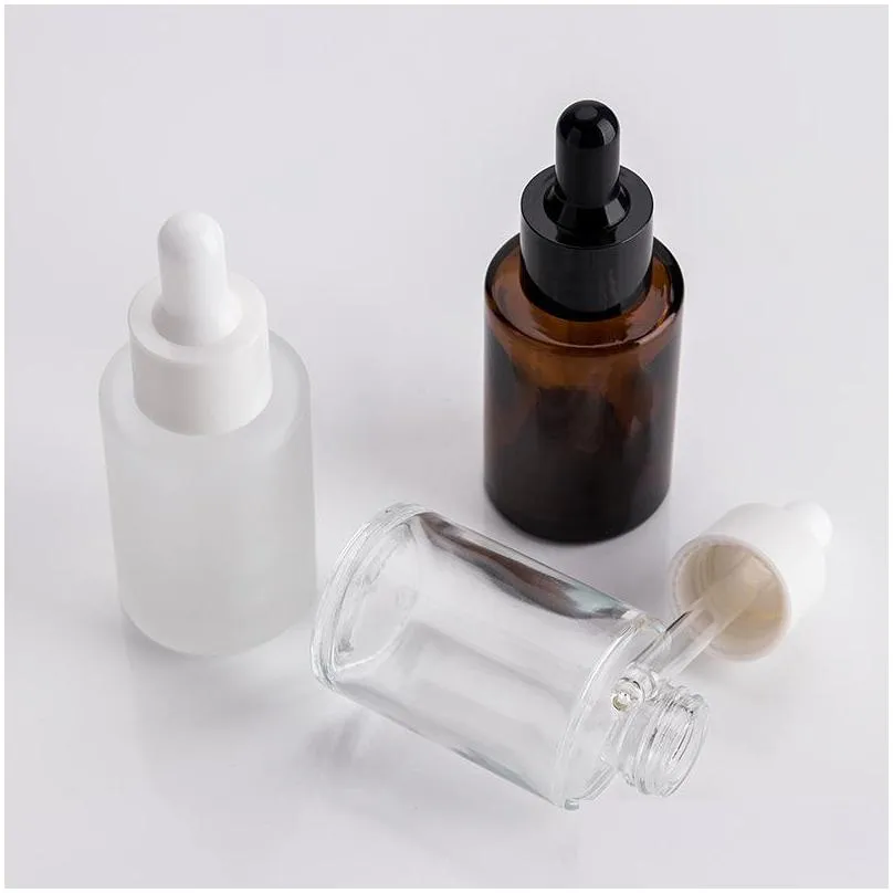 30ml glass bottle flat shoulder frosted clear amber glass round  oil serum bottle with glass dropper packing bottles 139 g2