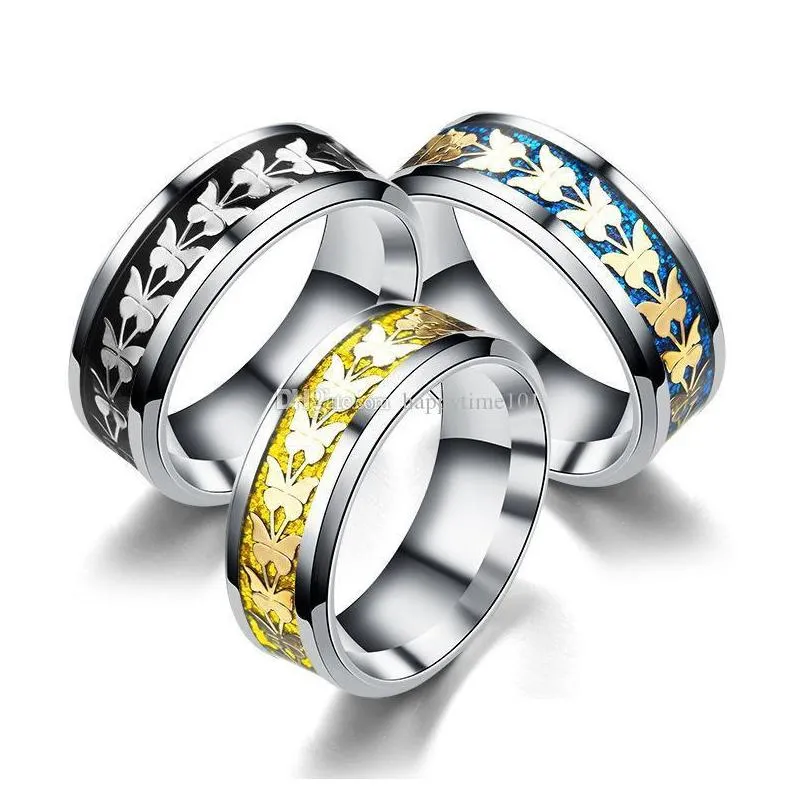 stainless steel butterfly blue gold sequin band ring fashion jewelry for women gift