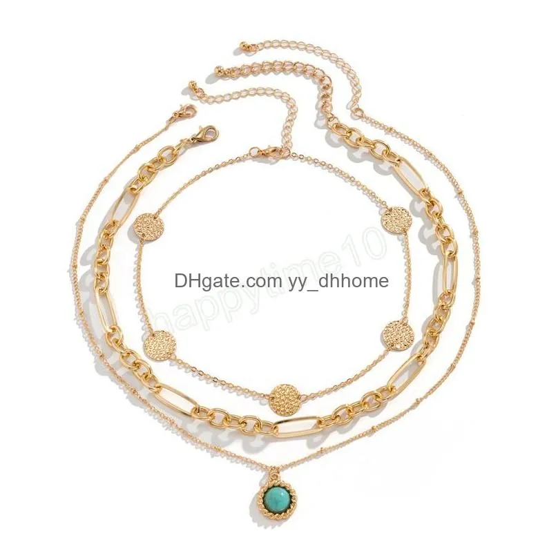 boho turquoise pendant necklace womens multilayer retro fashion gold round sequin clavicle necklaces girls glamour jewelry