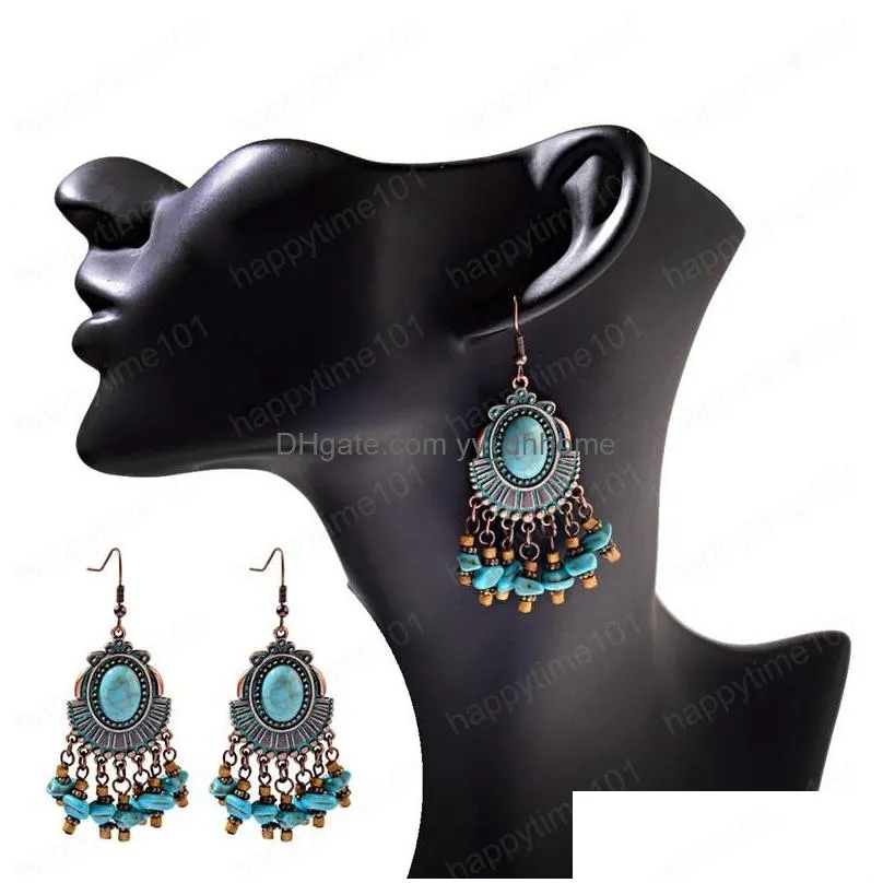 boho jewelry earring bohemian vintage ethnic blue natural stone tassel water drop earrings for women girls pendientes