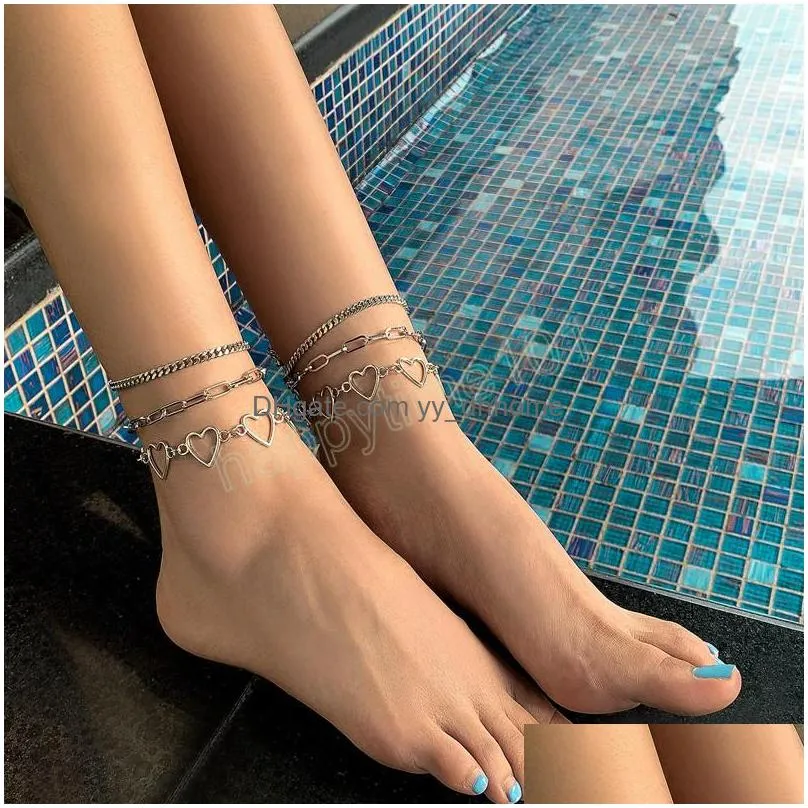 multilayer hollow heartshaped cross chain anklet bracelet ladies beach fashion aesthetic simple anklets set girl jewelry