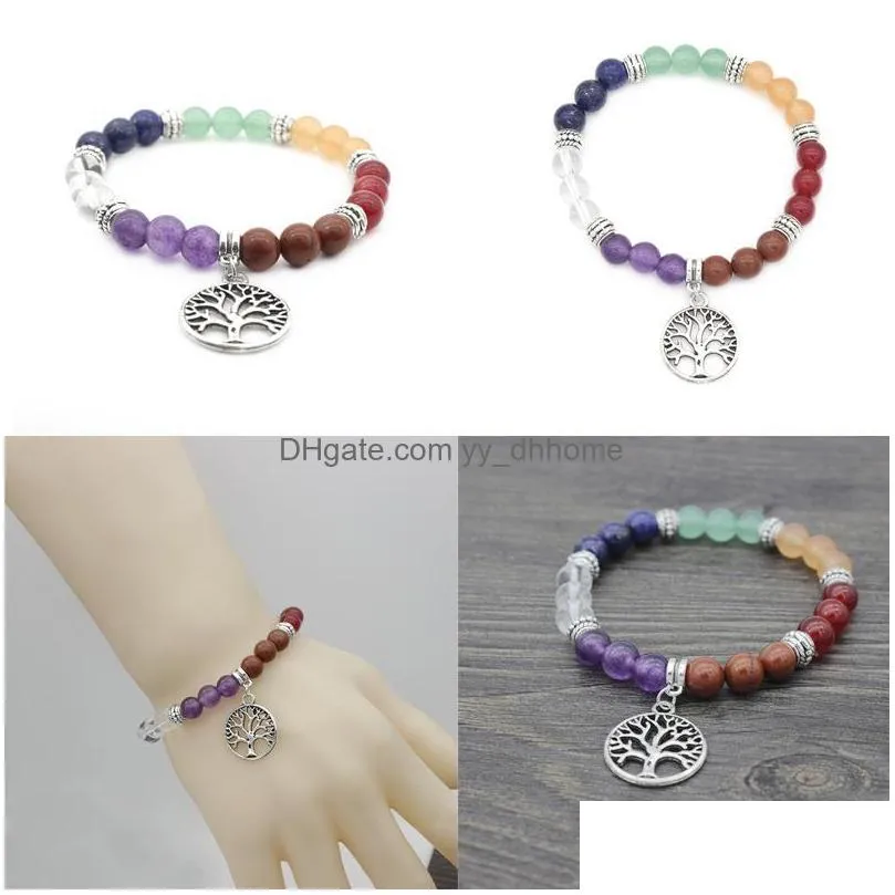 7 chakras yoga meditation healing balancing round stone beads stretch bracelet with tree of life bracelet bangle for women men gifts